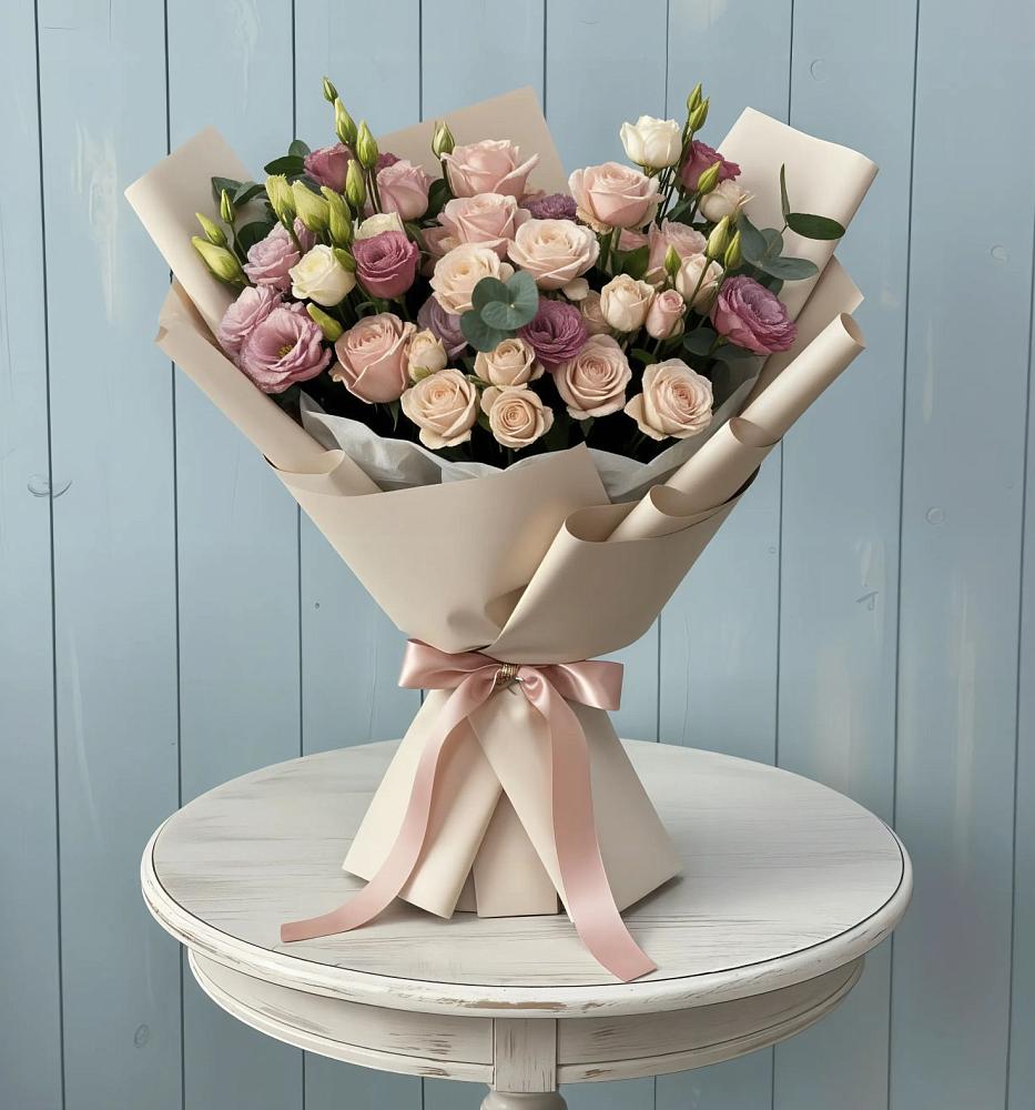 Букет цветов из: Розы и Лизиантусы в Белиджи