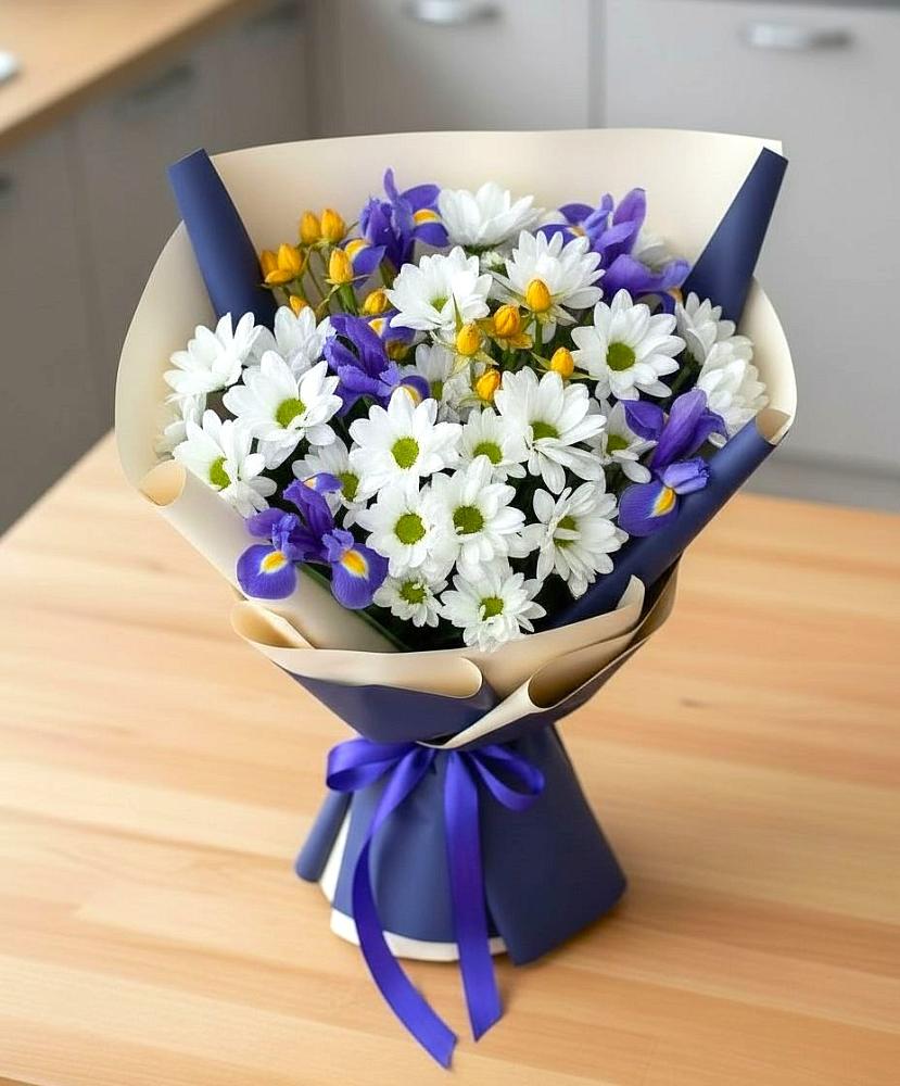 Букет цветов из: Розы, Ирисы и Хризантемы в Белиджи